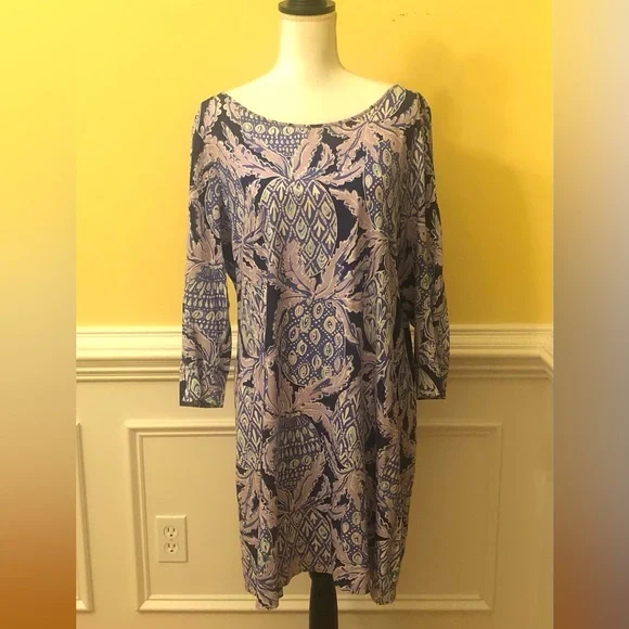 white christmas dresses KENLEY LONG SLEEVE CREWNECK DRESS, HYDRA BLUE DANDY LIONS main image 0